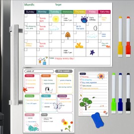 3 Pack Magnetic White Board Dry Erase Set 14.6" x 11" Digital Calendar Planner Wall Magnetic Note Pad for Fridge with Monthly Weekly Whiteboard Daily Schedule Magnetic Board 1 Erase 5 Colored Markers
