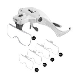 BIJIA Lupenbrille mit 2 LED Licht Hände Frei Kopfband Lupen Standlupe für Hobby, Lesen, Elektriker, Juweliere, Nähen, Reparatur, und ältere Menschen,5 Wechselobjektive(1.0X bis 3.5X)