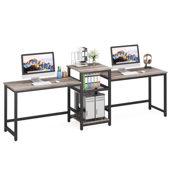 LITTLE TREE 96.9 Inch Two Person Double Computer Home Office Desk, Extra Large, Grey