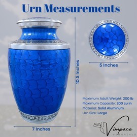 Vimpace® Large Decorative Memorial Urn for Human Ashes - Elegant Blue (Holds Up to 200 Cubic inches)