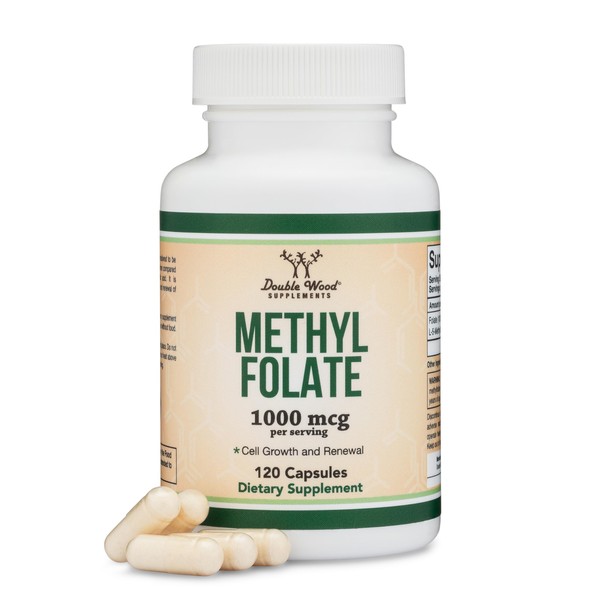Methylfolate 1,000mcg, 120 Capsules (Methyl Folate Supplement Manufacture in The USA) Methylated Folate is a More Active, Natural Form of Folate Than Folic Acid (Non-GMO, Vegan Safe) by Double Wood