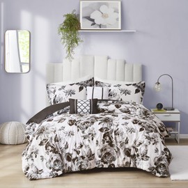 Intelligent Design Dorsey Comforter Reversible Flower Floral Botanical Printed Ultra-Soft Brushed All Season Bedding-Set, Full/Queen, Black/White 5 Piece