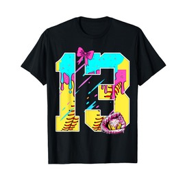 13th Birthday Softball Ice Cream Drip Bow 13 Years Kids Gift T-Shirt