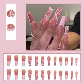JUSTOTRY Coffin Shape French Press on Nails, Long Length with Pink Flame and Love Hearts Designs Ballet 24 Pcs Fake False Nails with Glue, Nail Art for Women and Girl Stick on Nails