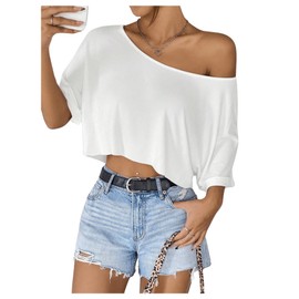SweatyRocks Women's Asymmetrical Neck Cropped T Shirts Dolman Short Sleeve Loose Cold Shoulder Tops White Medium