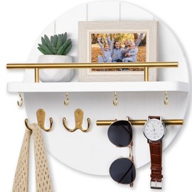 Nekon Key Holder Wall Mount, 11.8 Inch Key Rack with Shelf and 6 Key Hooks, Rustic Key and Mail Organizer, Circular Wooden Key Hanger for Entryway Hallway Kitchen (White&Gold)