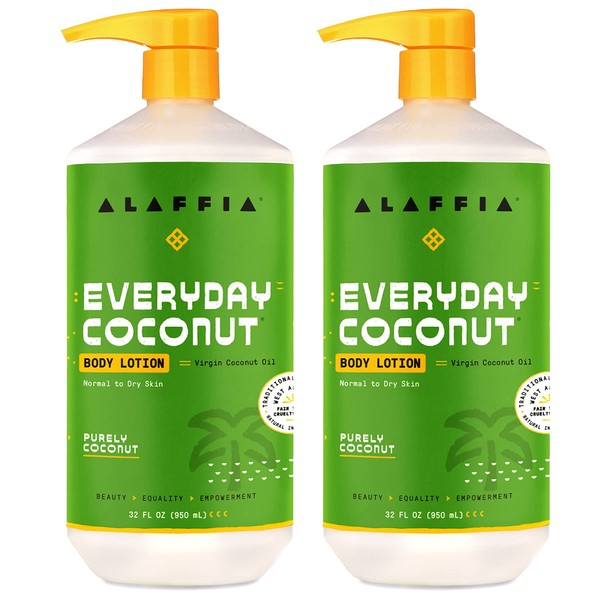 Alaffia Everyday Coconut Hydrating Body Lotion, Normal to Dry Skin, Moisturizing Coconut Oil is Support for Soft & Supple Skin, Purely Coconut, 2 Pack - 32 Fl Oz Ea