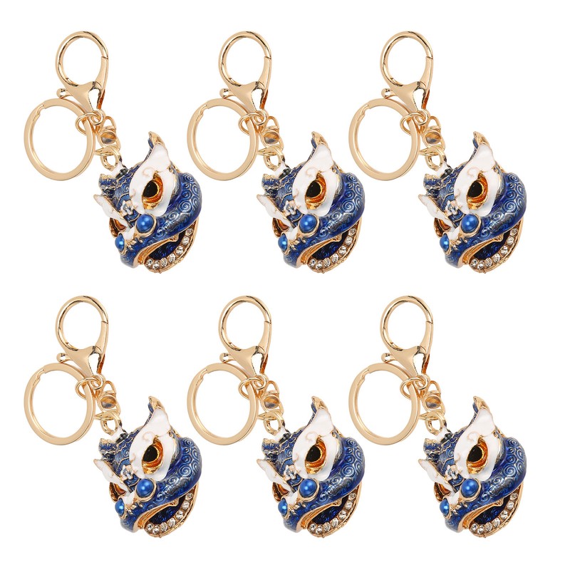 6pcs Lion Dance Keychains Cute Funny Exquisite Metal Rhinestone Chinese