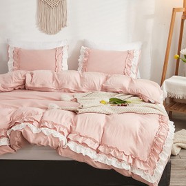 GETIYA Elegant Ruffle Bed Linen, 135 x 200 cm, Soft Microfibre Bed Linen with Double-Layered Ruffles, Women's, Girls' Bed Linen, Pink, Aesthetic Ruffle Duvet Cover, Single Bed with 1 Pillowcase 80 x