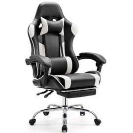 Sweetcrispy Video Game Desk Chair - Ergonomic Computer with Footrest and Comfy Lumbar Support, PU Leather Recliner with Headrest, Fixed Up Armrest, Height Adjustable with 360° Swivel, White, Adults