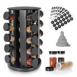 Tianifa Black Countertop Rotating Spice Rack, Round Empty 20-Jars Revolving Spice Rack Organizer, 135 Spice Labels with Funnel Complete Set, for Kitchen Countertop, Cabinet