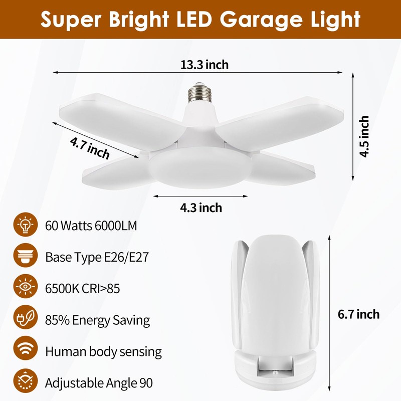 YWD LED Garage Light Motion Sensor, E26/E27 Screw-in Ceiling Mount