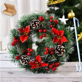 13.8in Christmas Wreath Door Decoration with Snowflake Pine Cone Bells Christmas Merry Cones Red Flower Simulation Door Hanging Christmas Decorations (Saffron Pine Cones)