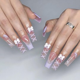Long Press on Nails French Tip Fake Nails Square False Nails with 3D Bow Designs Glue on Nails Purple Stick on Nails Cute Glossy Artificial Nails for Women 24PCS