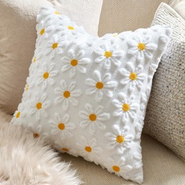 GIGIZAZA Floral Decorative Pillow Covers 18x18, Pack of 2 White Throw Pillows Cute Daisy Covers for Couch Living Room Flower Pattern Cushion Covers Faux Fur Farmhouse Embroidered Pillow Cases