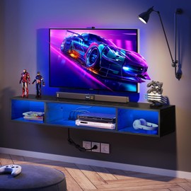 Rolanstar TV Stand with Power Outlet, Floating TV Stand with RGB Lights, 47.2" Wall Mounted TV Shelf, Black Media Console with Storage Shelf, Entertainment Under TV for Living Room, Bedroom