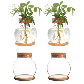 CHPINDAM CHPINDAM Plant Propagation Station,Hydroponic Glass Container Vase Jars, with Wooden Saucer for Desks, Houses, Garden Decorations, Home Kitchen Decorations and Gifts for Plant Lovers (4)