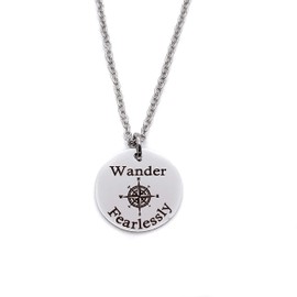 Silver Engraved Inspirational Wander Fearlessly 18-inch Compass Necklace