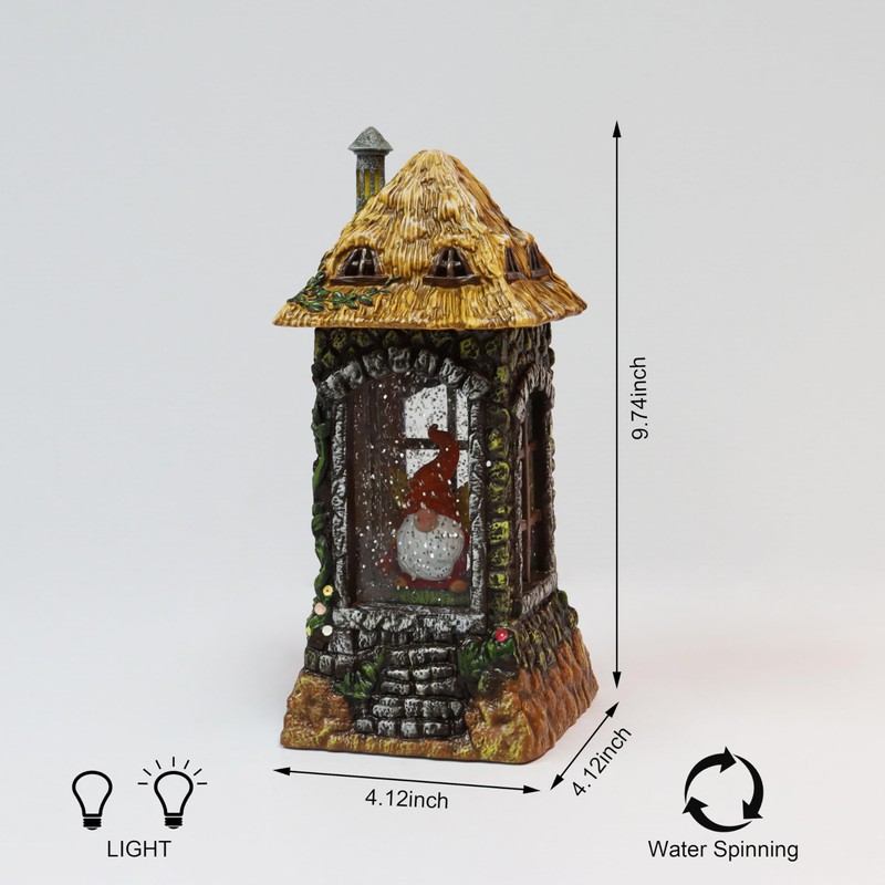 Acrylic Gnome House Lantern LED Light-Up Water Spinning Fall Decoration,