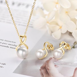 DENGGUANG Pearl Necklace and Earring Set for Women, 14K Gold Plated Freshwater Cultured Pearl Infinity Wedding Jewelry Anniversary Birthday Gifts for Her, Sterling Silver, Pearl
