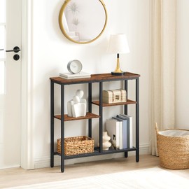 HOOBRO Console Table, Narrow Side Table, Sofa Table, 4-Tier Industrial Hallway Table with Metal Mesh Shelf and Adjustable Feet, for Entryway, Living Room, Hallway, Greige and Black BG79XG01