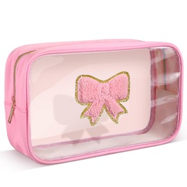 Kacctyen Pink Bow Clear Makeup Bag Coquette Pink Bow Travel Toiletry Bag Preppy Cosmetic Bag Travel Organizer Trendy Portable Bag Gift for Women Girlfriend Bridesmaid Birthday Mothers Day