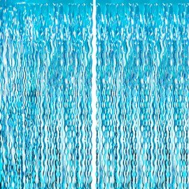GOER 6.4 ft x 7.8 ft Metallic Tinsel Foil Fringe Curtains,Pack of 2 Party Streamer Backdrop for Birthday,Graduation Decorations and New Year Eve (Wavy Light Blue)