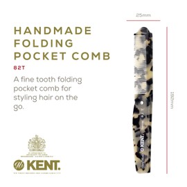 Kent 82T TW Handmade Folding Pocket Comb for Men, Fine Tooth Hair Comb Straightener for Everyday Grooming Styling Hair, Beard or Mustache, Use Dry or with Balms, Saw Cut Hand Polished, Made in England