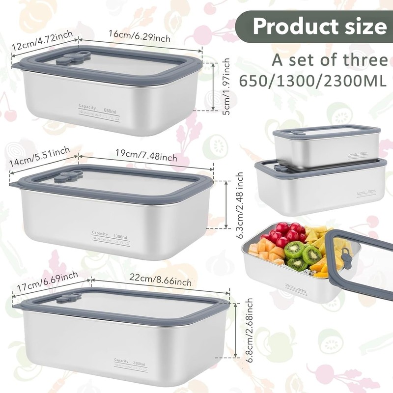 Stainless Steel Food Storage Containers-3Pcs Leakproof, Airtight Stainless-Steel Bowls with