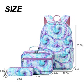 ZHIERNA School Backpack 3PCs Set With Lunch Bag, Tie Dye Bookbags with Pen Case For Teen Girls Kindergarten Elementary(Green)