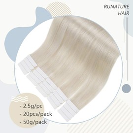 RUNATURE Tape in Hair Extensions Human Hair White Blonde Hair Extensions 20 Inch Tape in Human Hair Extensions 50g 20 Pieces