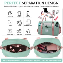 FIORETTO Womens Sports Gym Tote Bag Duffle Bag with Wet Pocket, Travel Bag Weekend Overnight Bags with Removable Strap, Water-Resistant Carry On Bag Hospital Holdalls for Women Green&Pink