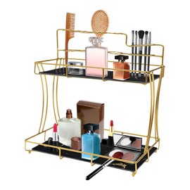 awolsrgiop 2 Tier Bathroom Countertop Organizer, Bathroom Vanity Organizer Makeup Shelf with Toothbrush Holders Cosmetic Storage Shelf Counter Standing Rack for Kitchen, Dresser, Bedroom (Black)