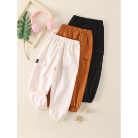Fdqin Boys Cargo Pants 3 Pack Sweatpants Solid Lightweight Elastic Waist Trousers with Pockets White/Black/Brown 5-6Years