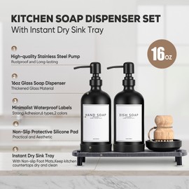 NEECZS Kitchen Soap Dispenser Set with Instant Dry Tray,16 Oz Hand and Dish Soap Black Glass Dispenser Set,Stainless Steel Pump,Waterproof Labels&Dish Brush,Luxury Soap Bottle for Kitchen,Bathroom