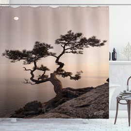 Ambesonne - Cortina de ducha de árbol, árbol de enebro solitario en el acantilado del mar, luna llena al atardecer, impresión artística temática de naturaleza, tela de tela, juego de decoración de baño con ganchos, 69 pulgadas de ancho x 70 pulgadas de l