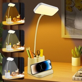 Schreibtischlampe Kinder, 3 Modi Dimmbare LED Tischlampe mit Stifthalter und Telefonhalter, 360° Verstellbar Schwanenhals Leselicht, Touch Augenschonende Schreibtischleuchte zum Lernen Arbeiten