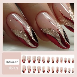 French Tip Press on Nails Almond Medium Fake Nails with Designs Gold Glitter False Nails Reusable Artificial Nails Full Cover Glue on Nails Cute Acrylic Press on Nails for Women DIY Nail Art