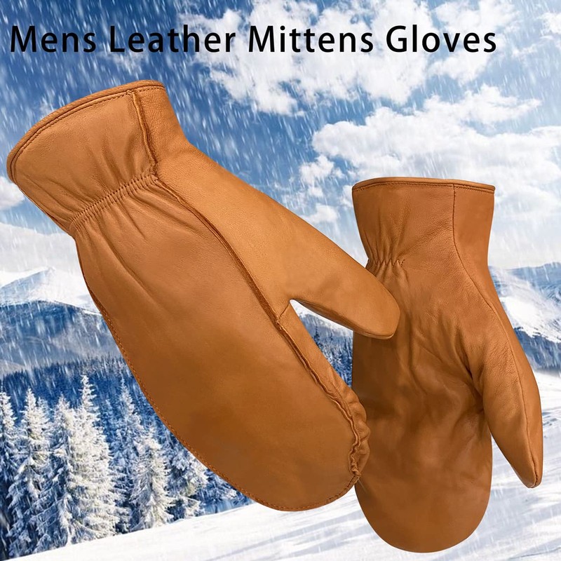 Harssidanzar Mens Winter Gloves,Leather Mitten Glove Thermolite Lined, Tan S
