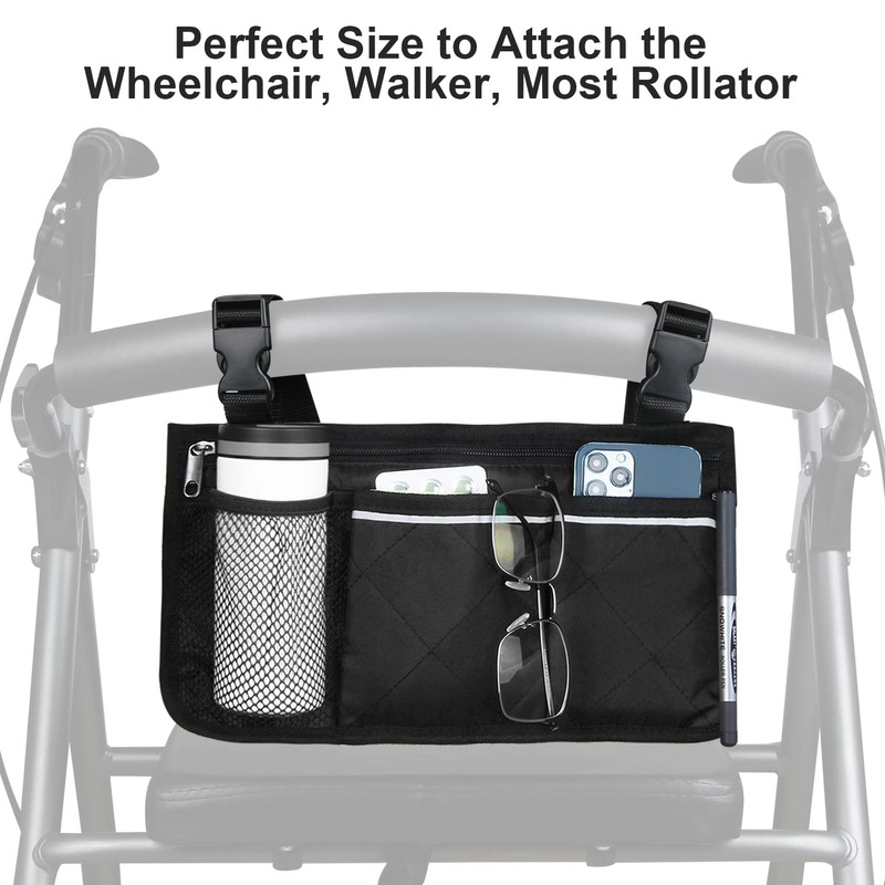 Wheelchair Side Organizer Storage Bag Armrest Pouch with Cup Holder