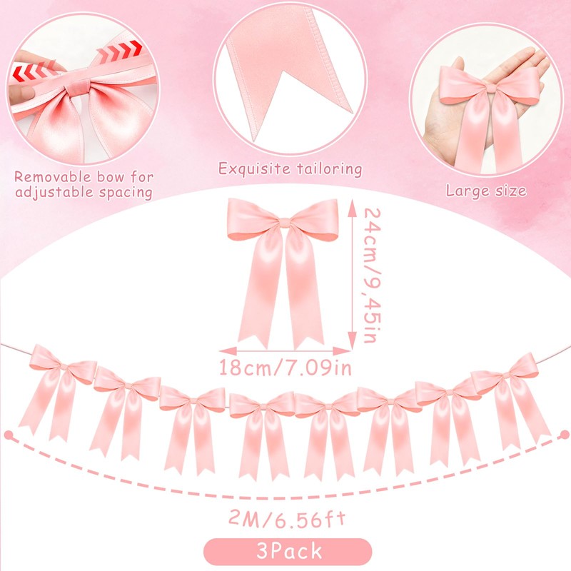 3Pack Pink Bow Garland Banner, Pink Ribbon Bow Party Decorations
