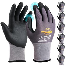 TitanFlex Safety Work Gloves MicroFoam Nitrile Coated-6 Pairs, Seamless Knit Nylon Gloves, Gray & Black, for Automotive, Garden, Home Improvement (Large)