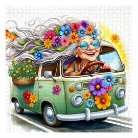 Happy Grandma Puzzles for Adults 1000 Pieces, Cute Granny Flower Car Puzzle, Challenging Jigsaw Puzzle as Home Wall Art Decor