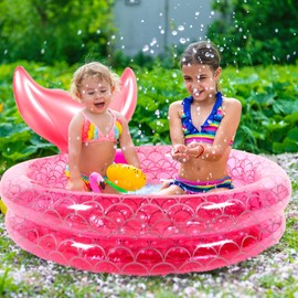 PullCrease 47" Inflatable Mermaid Pool Backyard Round Swimming Pool for Boys Girls, Ball Raft Paddling 2 Ring Blow up Paddling Pit Pink Pool Bubble Bottom for Summer Indoor Outdoor Beach Float Toy