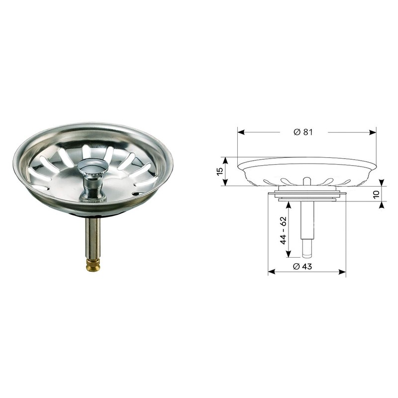 Universal strainer basket for kitchen built-in sinks with eccentric operation,