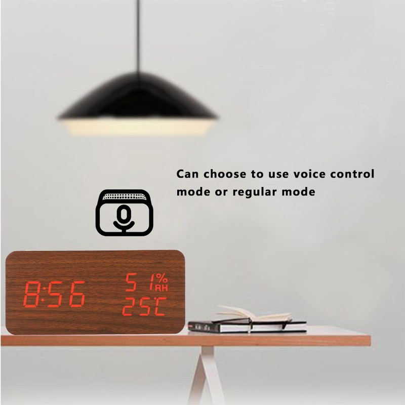 Wooden Alarm Clock LED Voice Control Desk Rectangular Brown Wood