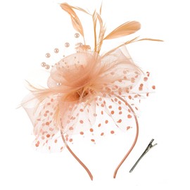 QIYIFAN Women's Feather Mesh Flower Fascinator with Headband and Clip Wedding Tea Party Fascinator Hats One Size for Ladies Champagne