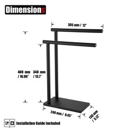 JQK Hand Towel Holder Stand Black, Modern Tree Rack Free Standing for Countertop with 12 Inch 2 Bars, 304 Stainless Steel Matte Black 9.45x5.12 Inch Base, HTT172-PB