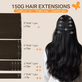 DOORES Human Hair Extensions Clip in, Dark Brown 9pcs 150g 18 Inch, Remy Straight Natural Thick Real Hair