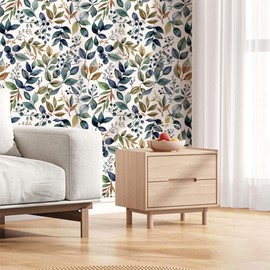 PODUFF Green Botanical Wallpaper Peel and Stick, Watercolor Leaves and Berries Wallpaper for Home Decor, Green/Blue/Brown, 17.7in x 236in